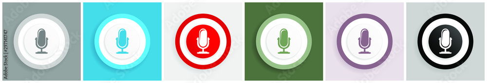 Fototapete microphone icon set, colorful flat design vector illustrations in 6 options for web design and mobil