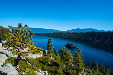 View to Fannette Island from Eagle Falls. Blue Tahoe lake. Amazing nature