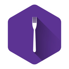 White Fork icon isolated with long shadow. Purple hexagon button. Vector Illustration
