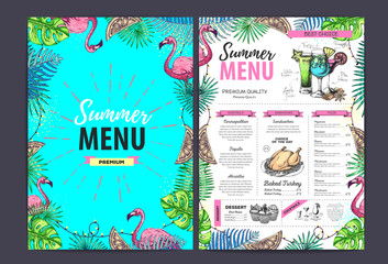 Restaurant summer menu design with tropic leaves and cocktails. Fast food menu