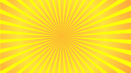 Sun rays background. Yellow orange radiate sun beam, burst effect. Sunbeam light flash boom. Template poster sale. Sunlight star, sunrise burst. Solar radiance glare, retro design. Vector illustration