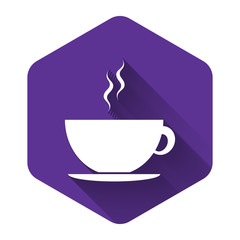 White Coffee cup icon isolated with long shadow. Tea cup. Hot drink coffee. Purple hexagon button. Vector Illustration