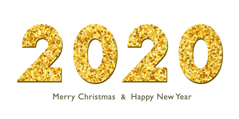 Merry Christmas card. Gold number 2020 with text, isolated on white background. Golden texture holiday design. Happy New Year celebration, decoration. Invitation greeting banner. Vector illustration