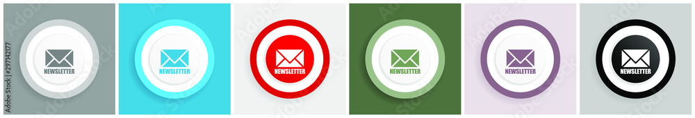 Poster Newsletter icon set, colorful flat design vector illustrations in 6 options for web design and mobile applications