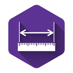 White The measuring height and length icon isolated with long shadow. Ruler, straightedge, scale symbol. Purple hexagon button. Vector Illustration