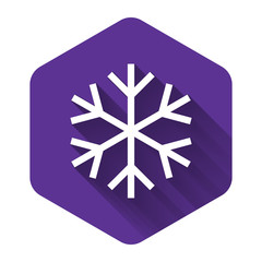 White Snowflake icon isolated with long shadow. Purple hexagon button. Vector Illustration