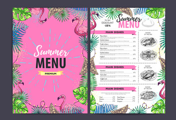 Restaurant summer menu design with tropic leaves. Fast food menu