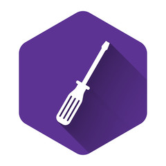 White Screwdriver icon isolated with long shadow. Purple hexagon button. Vector Illustration