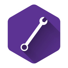White Spanner icon isolated with long shadow. Purple hexagon button. Vector Illustration
