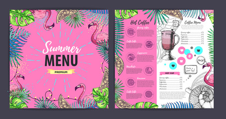 Restaurant summer coffee menu design with tropic leaves. Fast food menu