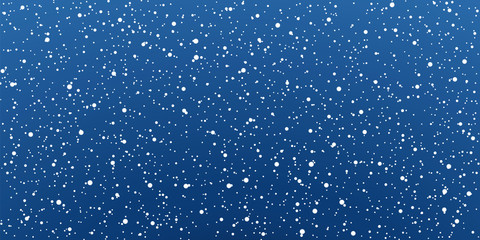 Snow blue background. Christmas snowy winter design. White falling snowflakes, abstract landscape. Cold weather effect. Magic nature fantasy snowfall texture decoration Vector illustration
