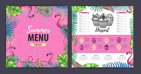 Restaurant summer dessert menu design with tropic leaves. Fast food menu