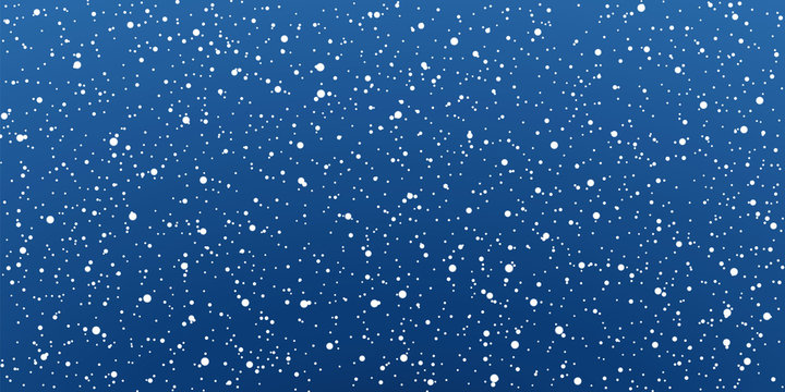 Snow blue background. Christmas snowy winter design. White falling snowflakes, abstract landscape. Cold weather effect. Magic nature fantasy snowfall texture decoration Vector illustration