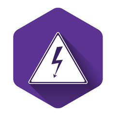 White High voltage sign icon isolated with long shadow. Danger symbol. Arrow in triangle. Warning icon. Purple hexagon button. Vector Illustration
