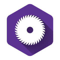 White Circular saw blade icon isolated with long shadow. Saw wheel. Purple hexagon button. Vector Illustration