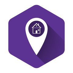 White Map pointer with house icon isolated with long shadow. Home location marker symbol. Purple hexagon button. Vector Illustration