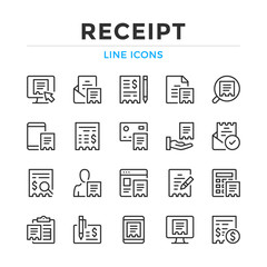 Receipt line icons set. Modern outline elements, graphic design concepts, simple symbols collection. Vector line icons