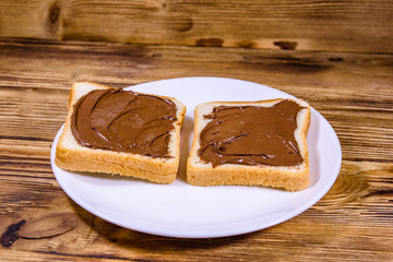 Two sandwiches with chocolate spread on a white plate