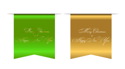 Merry Christmas and Happy New Year wishes, 3D ribbons set isolated white background. Elegant glossy scroll bookmark, gold text greeting poster. Typographic golden holiday emblem. Vector illustration