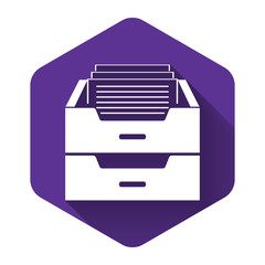 White Drawer with documents icon isolated with long shadow. Archive papers drawer. File Cabinet Drawer. Office furniture. Purple hexagon button. Vector Illustration