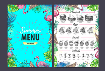 Obraz premium Restaurant summer menu design with tropic leaves. Fast food menu