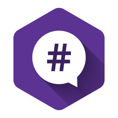 White Hashtag in circle icon isolated with long shadow. Social media symbol, concept of number sign, social media, micro blogging pr popularity. Purple hexagon button. Vector Illustration