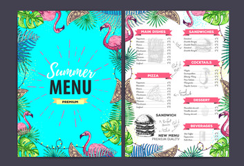 Restaurant summer menu design with tropic leaves. Fast food menu