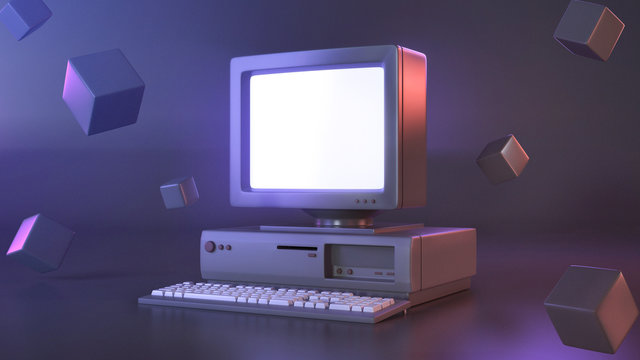 3d render image of computer retro with sci-fi background.using for game or content editor.