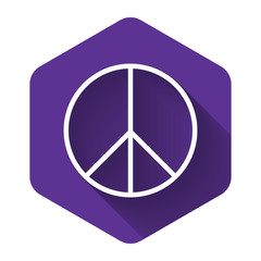 White Peace sign icon isolated with long shadow. Hippie symbol of peace. Purple hexagon button. Vector Illustration