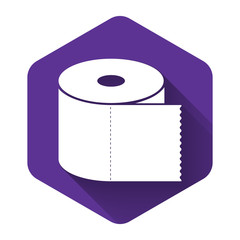 White Toilet paper roll icon isolated with long shadow. Purple hexagon button. Vector Illustration