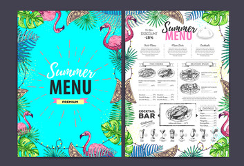 Restaurant summer menu design with tropic leaves and cocktails. Fast food menu