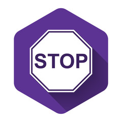 White Stop sign icon isolated with long shadow. Traffic regulatory warning stop symbol. Purple hexagon button. Vector Illustration