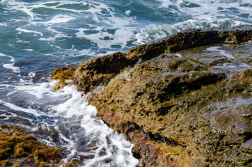 Traveling to the sea, a wave rolls over stones.