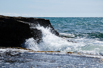 Traveling to the sea, a wave rolls over stones.