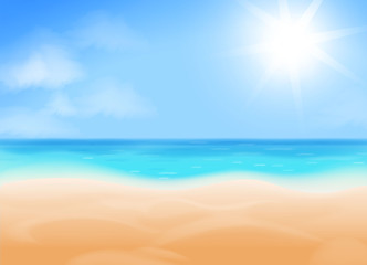 Blue sky, bright sun, ocean and beach. Beach sand and tropical sea vector background