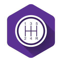 White Gear shifter icon isolated with long shadow. Transmission icon. Purple hexagon button. Vector Illustration