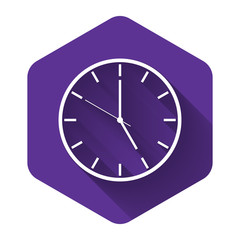 White Clock icon isolated with long shadow. Time symbol. Purple hexagon button. Vector Illustration