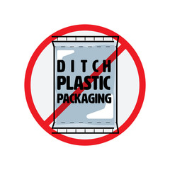 Ditch plastic packaging symbol. Stop packing product with unnecessary package to reduce plastic pollution. Vector illustration outline flat design style.