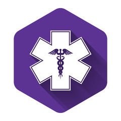 White Emergency star - medical symbol Caduceus snake with stick icon isolated with long shadow. Star of Life. Purple hexagon button. Vector Illustration
