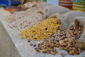 Nuts mix in a canvas bag in table. Ten kinds of nuts.