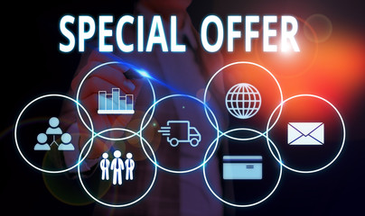 Handwriting text Special Offer. Conceptual photo Discounted price Markdown Promotional Items Crazy Sale Woman wear formal work suit presenting presentation using smart device