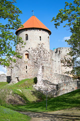 View to Medieval Livonian castle tower in oldest Latvian town Cesis at spring