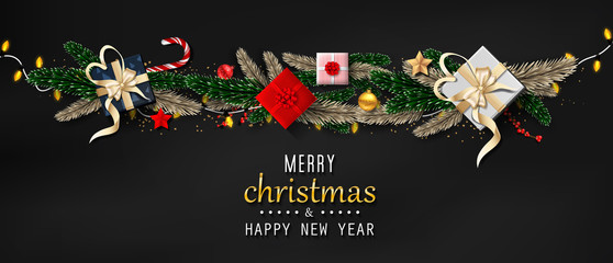 Merry Christmas and happy new year with Creative Christmas tree, fir branches, pine cones, gift boxes, holly, and string lights. Christmas greeting card vector design.