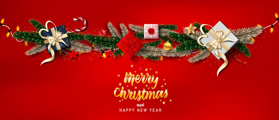Fototapeta na wymiar Merry Christmas and happy new year with Creative Christmas tree, fir branches, pine cones, gift boxes, holly, and string lights. Christmas greeting card vector design.