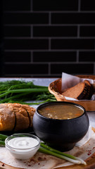 Mushroom  soup in a pot with copy space