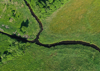 Aerial drone top down view on european green meadows and forest divided by snake like river.