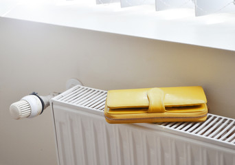 Yellow modern money purse is lying on the white radiator under sunny windowsill. 