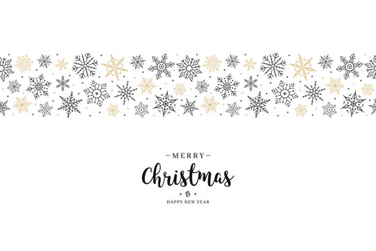 Christmas snowflake elements border card with greeting text seamless pattern background.