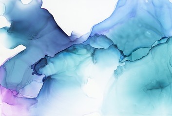Abstract illustration in alcohol ink technique. Dark and sky blue marble texture. Wash drawing effect wallpaper. Modern illustration for card design, creative banners and ethereal graphic design. - 297148773