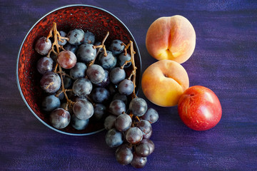 Autumn fruit still life with bowl of Japanese Kyoho grapes on rustic board